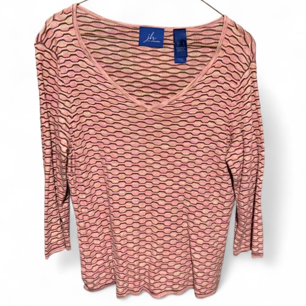 Vintage JH Collectibles Silk Blend Textured Knit Top Pink V Neck Large